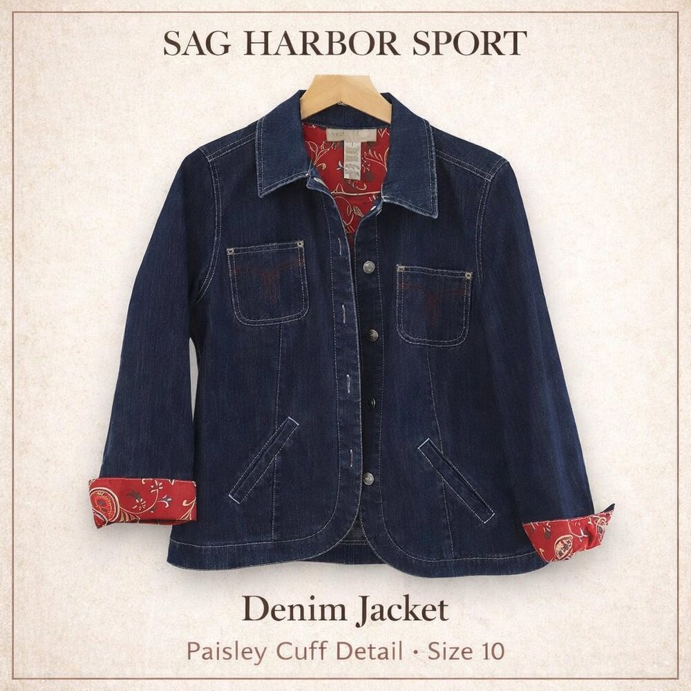 Sag Harbor Sport Indigo Denim Jacket Red Paisley Lining Stretch 10